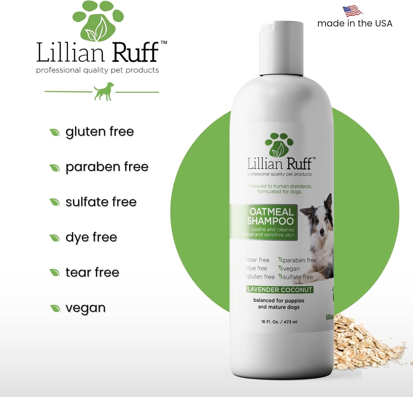 Lillian Ruff PRO Formula Deodorizing Oatmeal Dog Shampoo - Calms Itching & Allergies, Ultra-Nourishing Dry Skin Relief - Oatmeal, Aloe, Coconut Oil, Lavender & Provitamin B5 - Made in USA 16oz+Brush