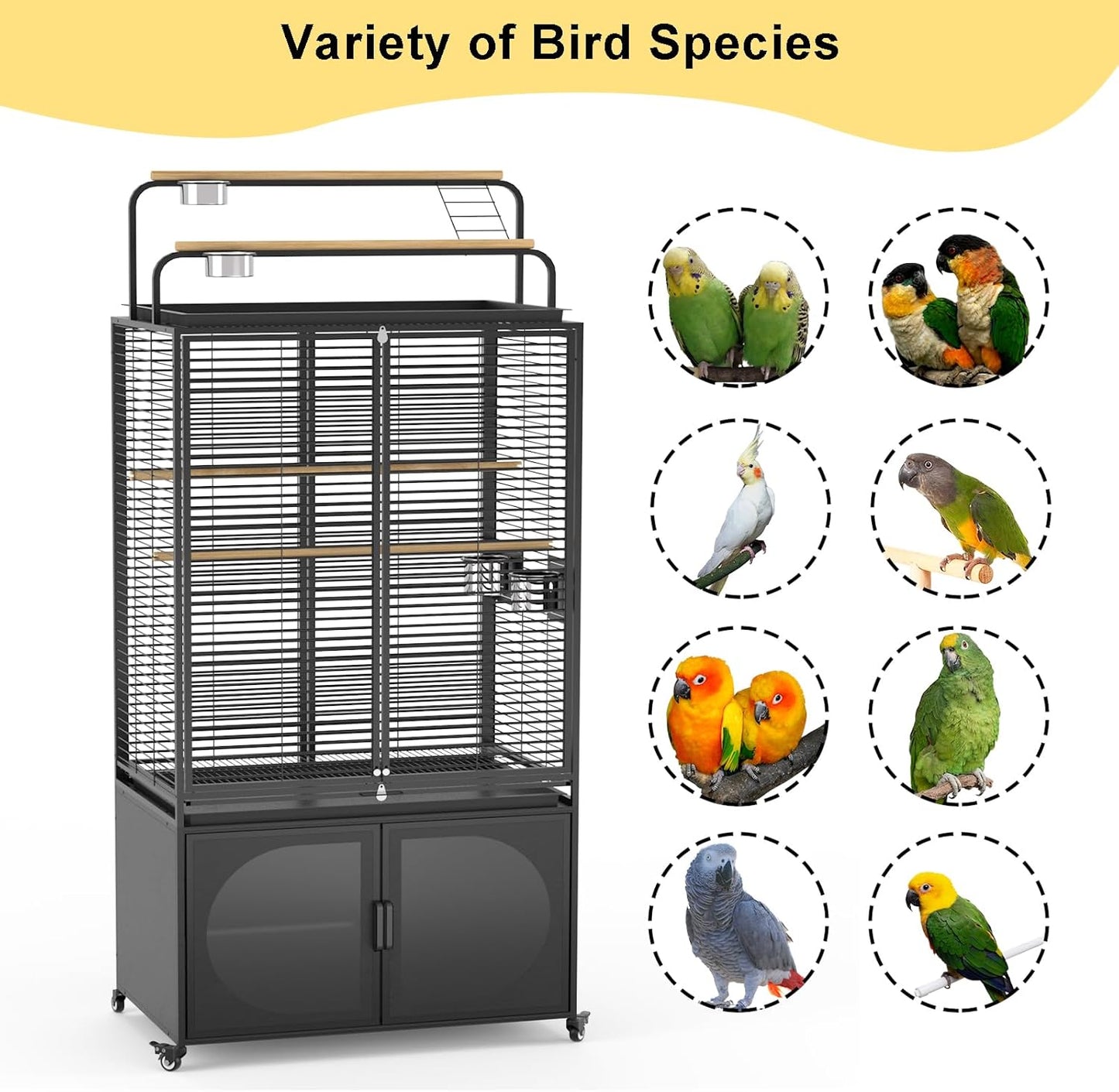 GDLF 72-Inch Bird Cage with Play Top, Parakeet Cage with Rolling Storage Cabinet Extra Large with Cover for Parrot, Cockatiel, Budgie, Parrotlet, Green Cheek Conure