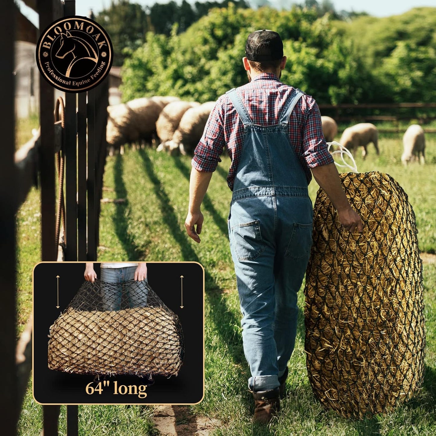 Bloomoak Slow Hay Net Feeder for Horses, Durable Soft Black PE 2String Hay Bales Bags with 2" Hole, Fit 36 * 18 * 18" Square Bale EasilyâŚ