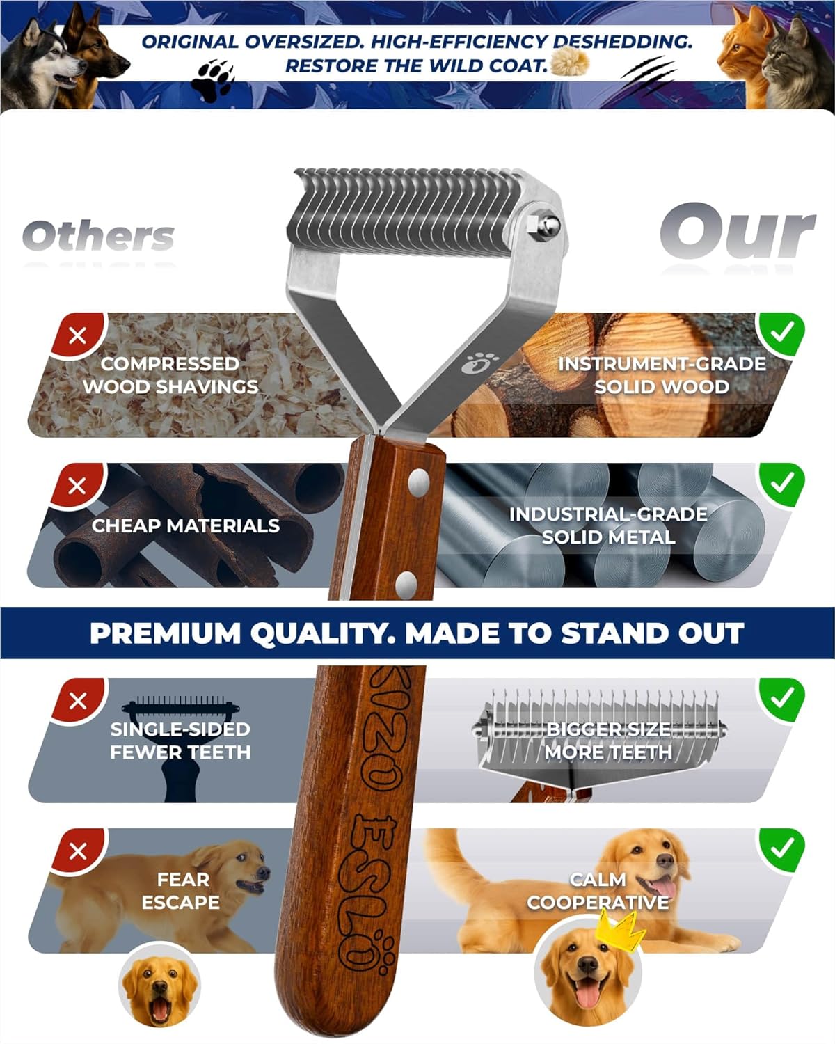 Dog Brush for Shedding 20 Blade Dematting Tool Pet Brush, Undercoat Rake for Large Medium Small Dogs and Cats, Shedding Dog Comb for Grooming, Premium Wood Handle, Efficiently Detangle and Groom Coats