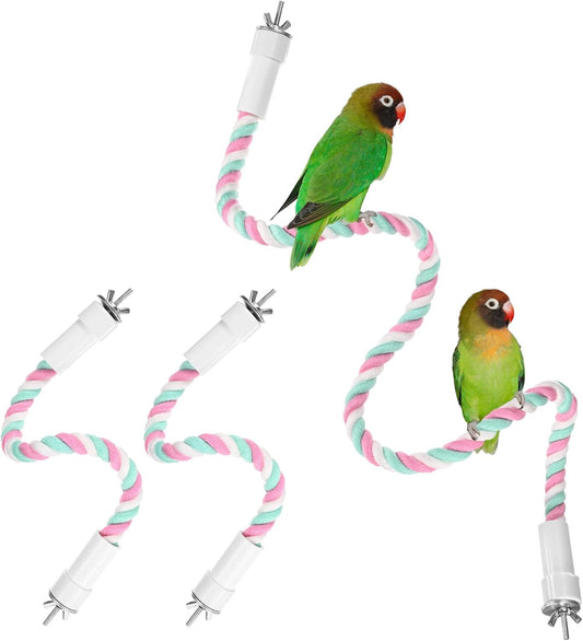 1-Set Rope Perches for Bird Cages, 13.8 & 31.5 in Length Comfort Grip Flexible Rope Perch Beak & Paw Grinding for Parrots/Cockatiels/Parakeets, Bird Platform Sand [Pink Cyan]