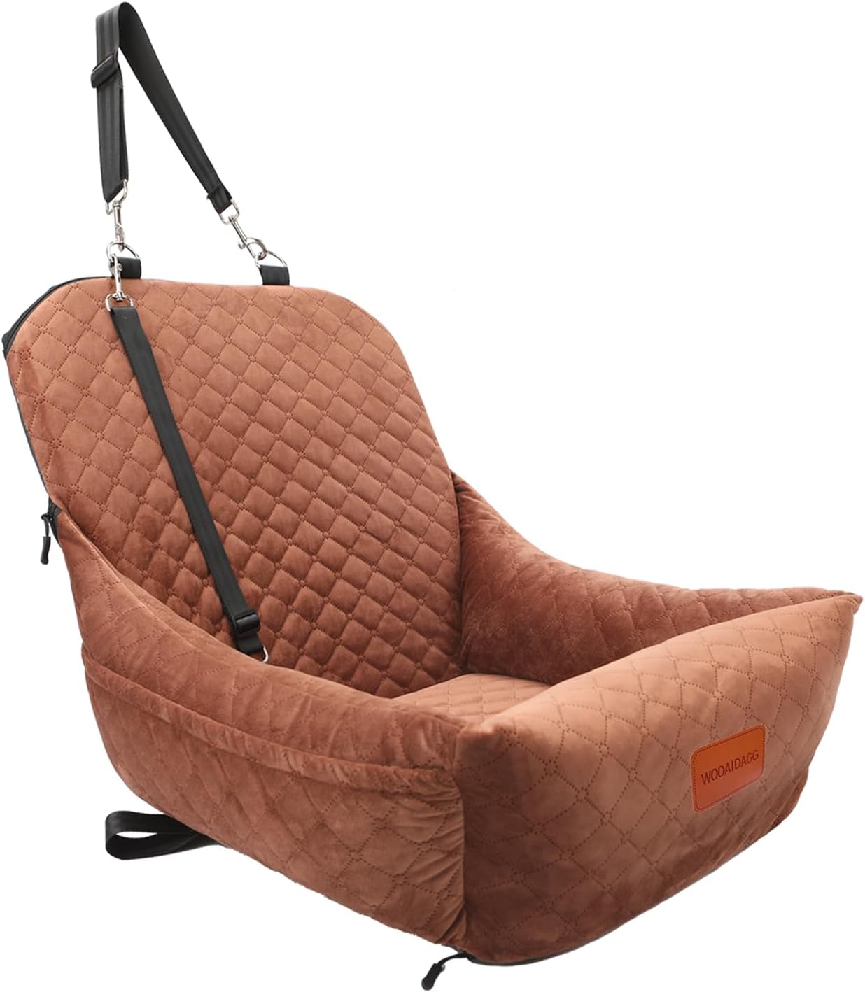 Dog Car Seat for Small Dogs,Covered Soft Fabric and Fill in Memory Foam,Easy to Assemble and Fully Detachable,2 Clip-On Safety Leashes and Storage Pockets(Brown)