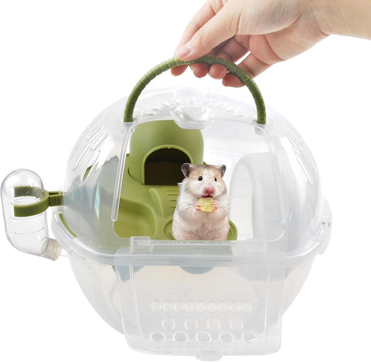 Portable Hamster Carrier Cage,Plastic Hamster Travel Carrier with Water Bottle Food Bowl,Green Lightweight Carrying Case for Small Animal Dwarf Syrian Rat Mice