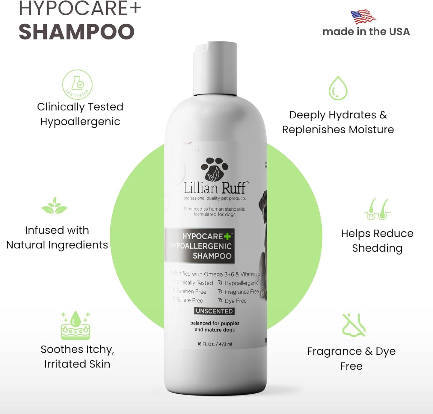 Lillian Ruff Calming Oatmeal Pet Shampoo for Dry Skin & Itch Relief with Aloe & Hydrating Essential Oils - Replenish Moisture & Deodorize - Tearless Dog Shampoo for Normal/Sensitive Skin (Hypocare+)