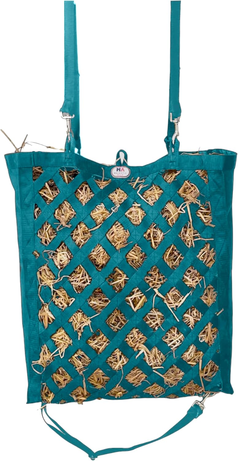 Majestic Ally Premium Nylon Hay Bag for Horses and Livestock, Simulates Grazing, Slow Feeding, Heavy-Duty PP Webbing,Quick-Adjust Straps, Small Hole for Digestion, Multiple Colors (Teal)