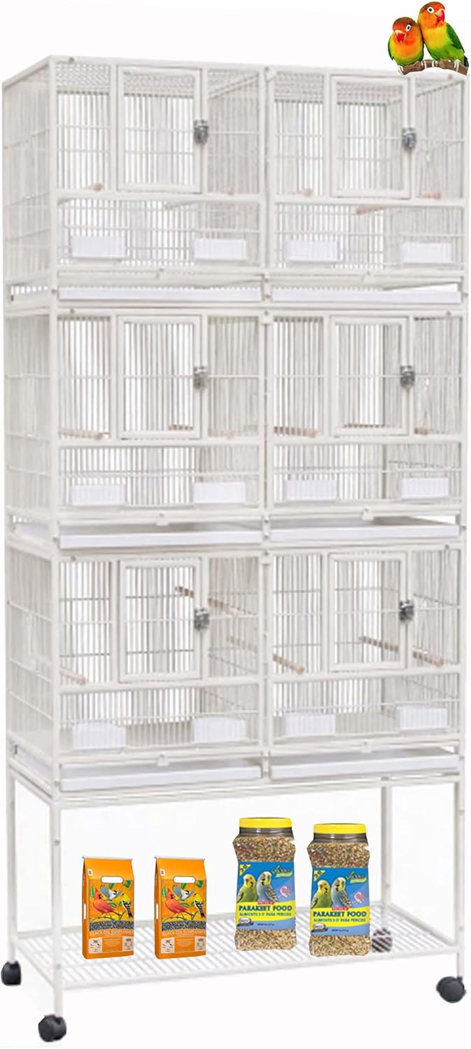 Combo Breeding Stacker Center Divided Breeder Bird Flight Double Rolling Cage with Side Breeding Nest Door (White, Triple Stack)