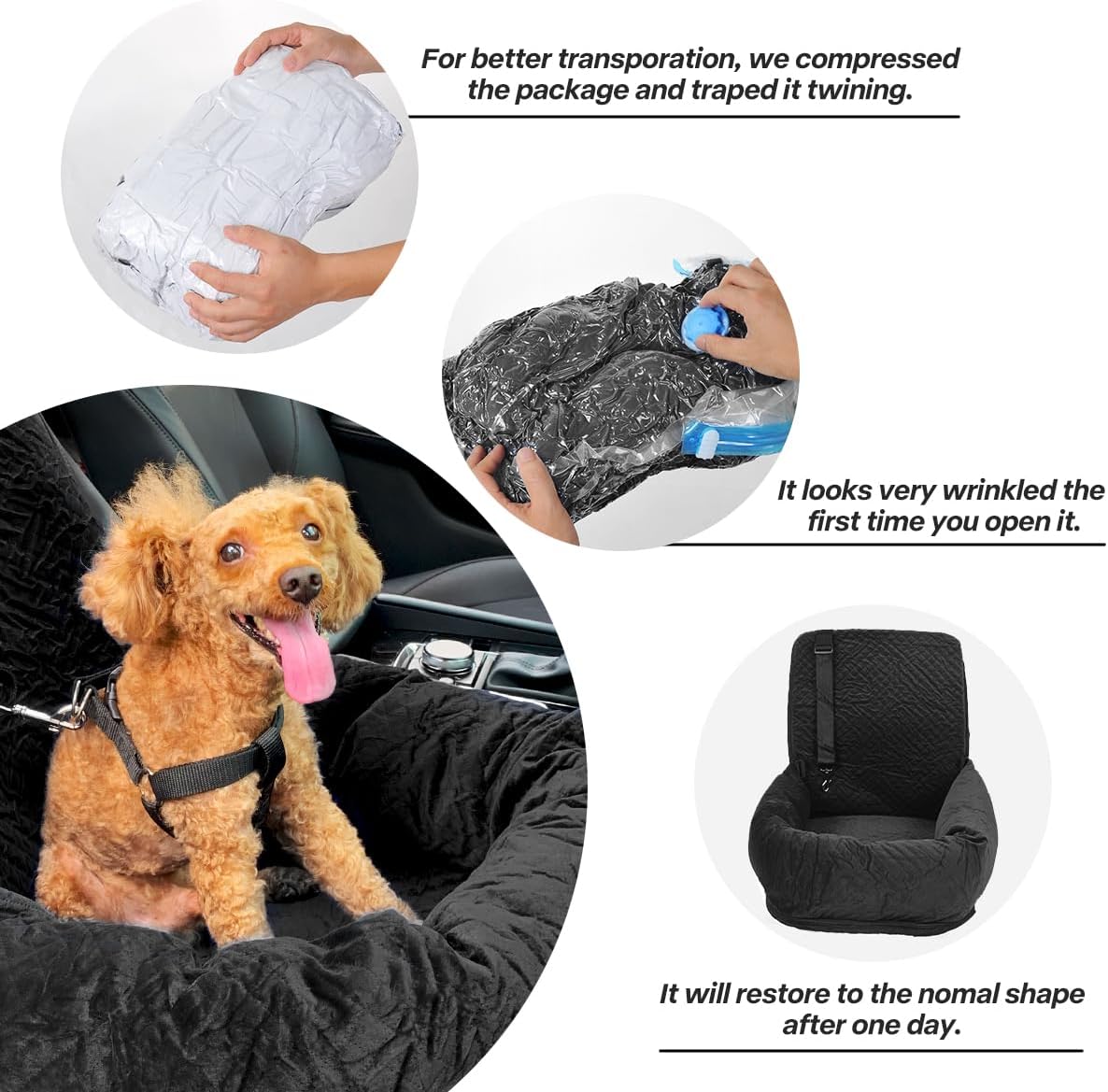 Dog Car Seat for Small Medium Dogs Up to 40lbs, Detachable Washable Soft Pet Booster Travel Bed for Front & Black Seat with Safety Leash Belt