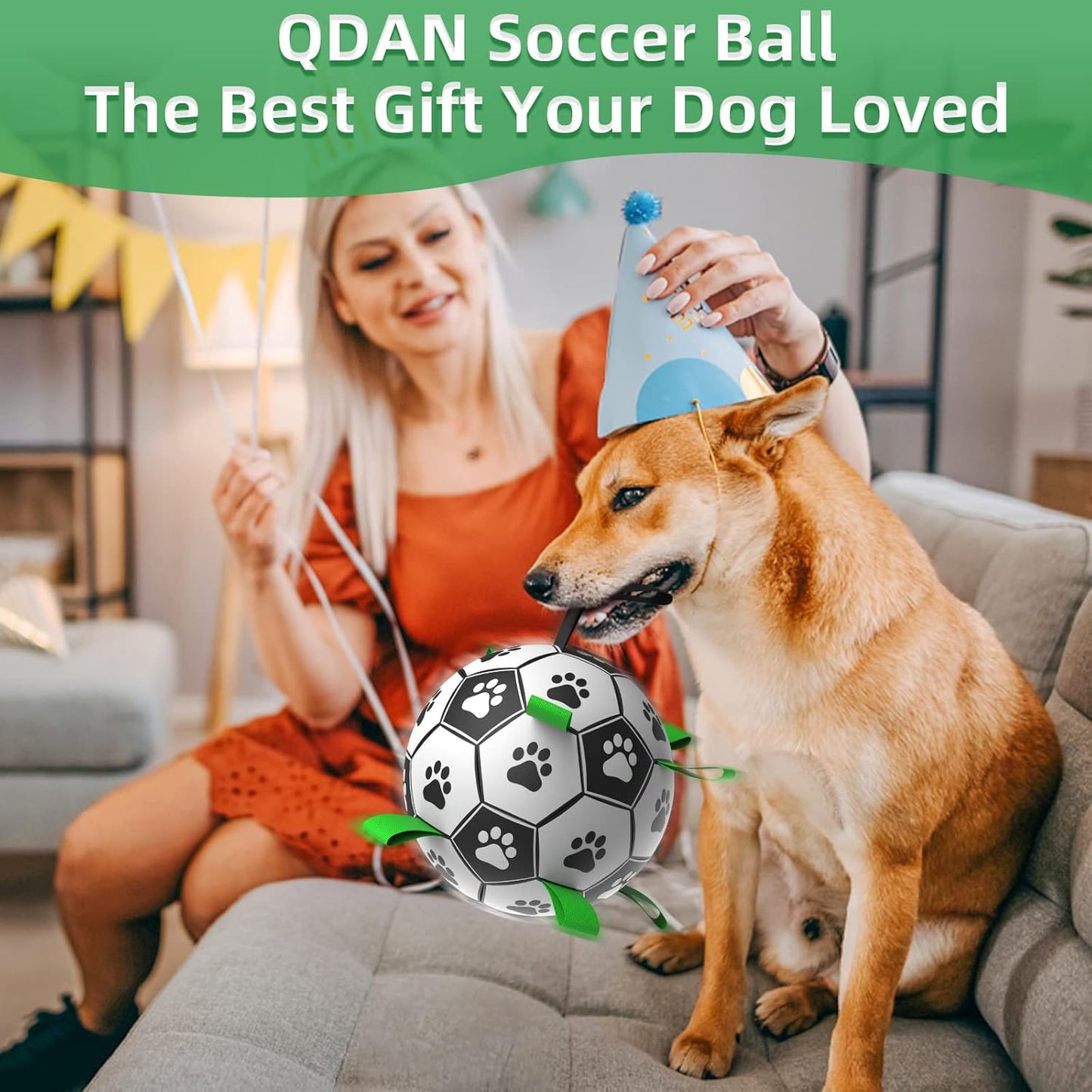 QDAN Dog Soccer Balls Toy with Bell Inside, Outdoor Interactive Dog Toys, Durable Ropes Squeaky Ball for Medium Large Dogs (8 Inch)