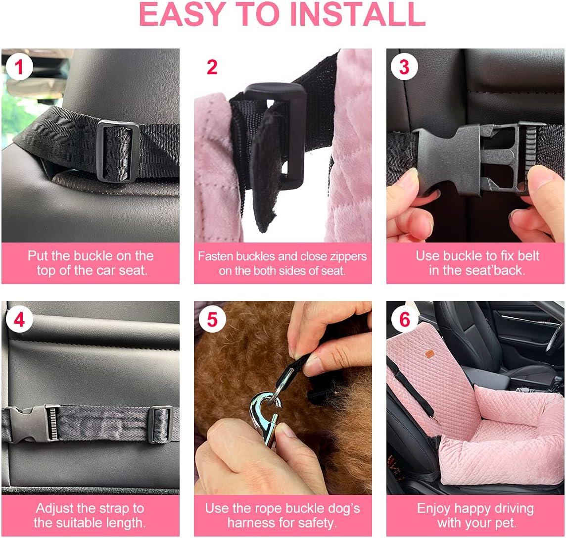 Dog Car Seat for Small Medium Dogs Up to 40lbs, Detachable Washable Soft Pet Booster Travel Bed for Front & Pink Seat with Safety Leash Belt