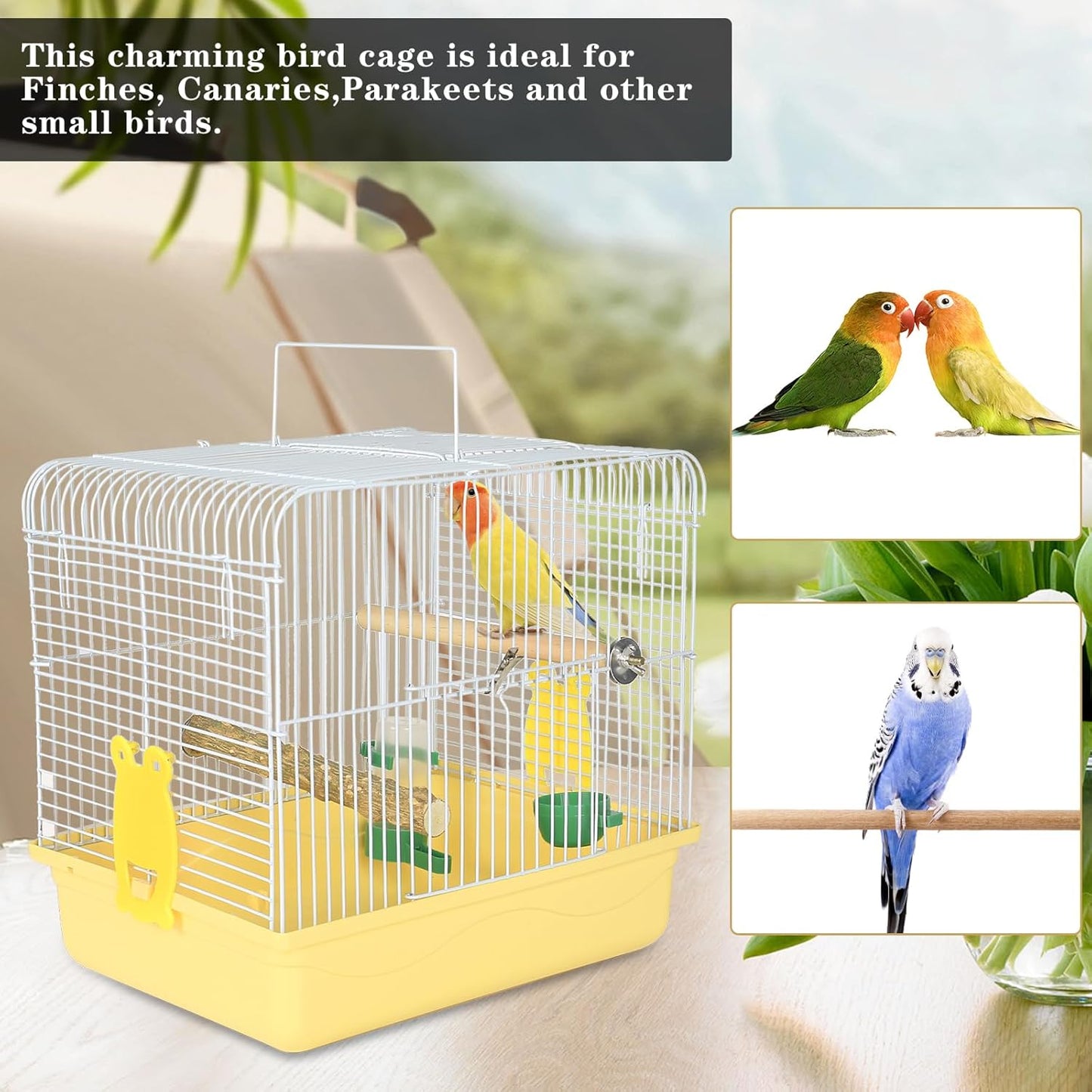 Small Bird Cage, Lightweight for Parakeets, Hanging for Parrot, Travel for Cockatiel, Outdoor Budgie, Pet Products Flat Top Economy Small Animal Cage with Stand Accessories with White Wire, Yellow