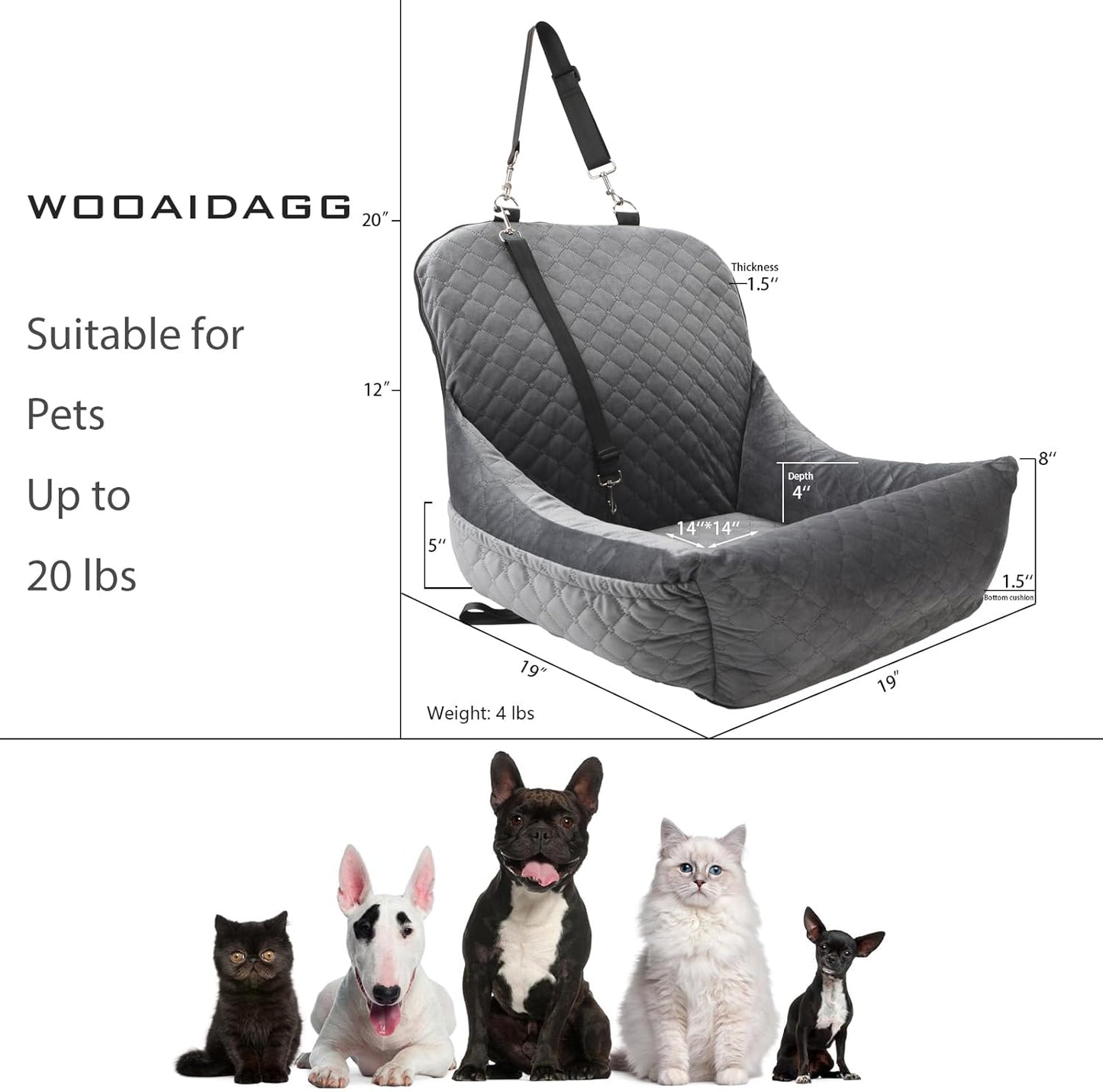 Dog Car Seat,Fully Detachable and Washable Cover,Easy to Assemble,Comfy Cushion Fill in Memory Foam,2 Clip-On Safety Leashes and Storage Pockets (Grey)