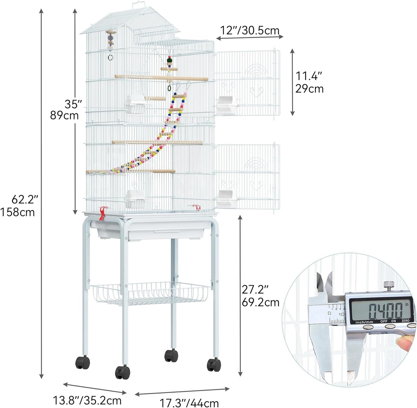 YITAHOME 62 inch Metal Bird Cage, Large Parakeet Cages for Parrot, Cockatiel, Lovebird, Pigeon with Roof Top, Rolling Stand and Hanging Accessories, White