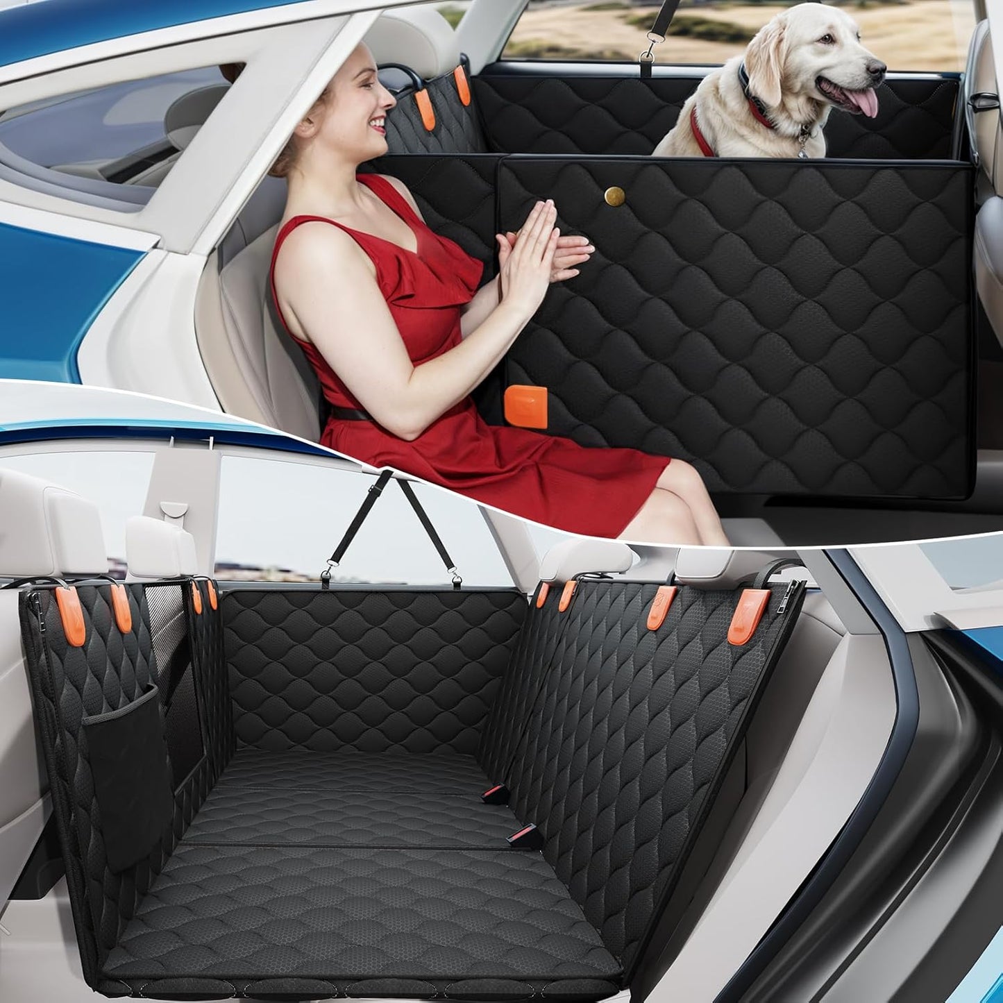 PETICON Convertible Back Seat Extender for Dogs, Dog Car Seat Cover Hard Bottom Holds 400 lbs, Waterproof Dog Hammock Backseat Protector with Mesh Window for Cars, Trucks and SUVs