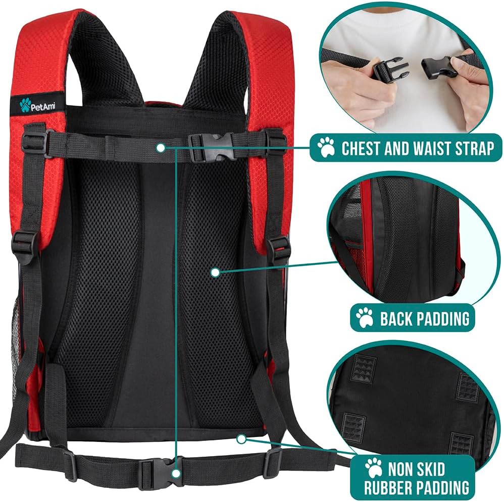 PetAmi Dog Backpack Carrier for Small Large Cat, Pet, Puppy, Ventilated Pet Hiking Backpack Travel Bag, Airline Approved Cat Backpack Carrier, Camping Biking Dog Bag Up to 18lbs Pet, Red