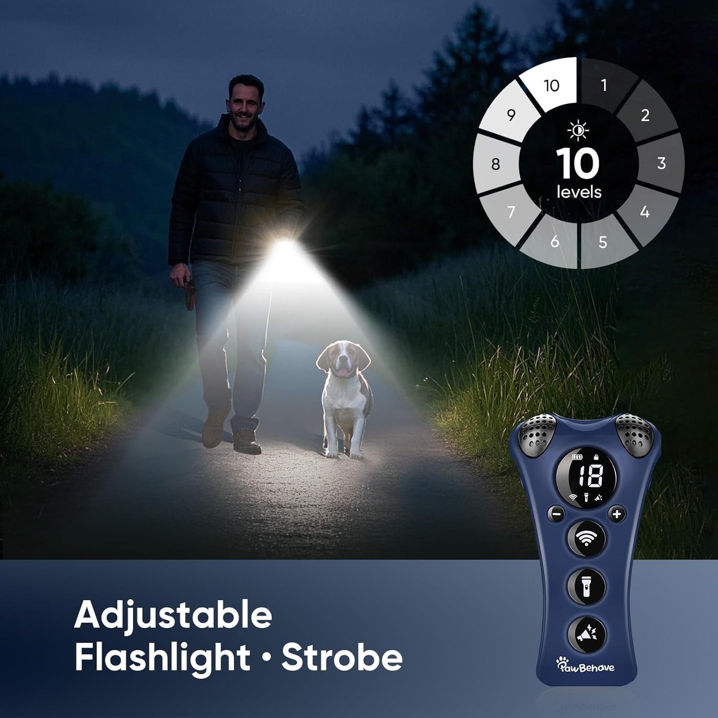 Ultrasonic Dog Bark Deterrent Device –10-Level Adjustable Anti Barking Trainer with Flashlight, Strobe, E-Clicker(18 Whistle Sounds)–No Shock, Collar-Free Dog Behavior Correction Devices