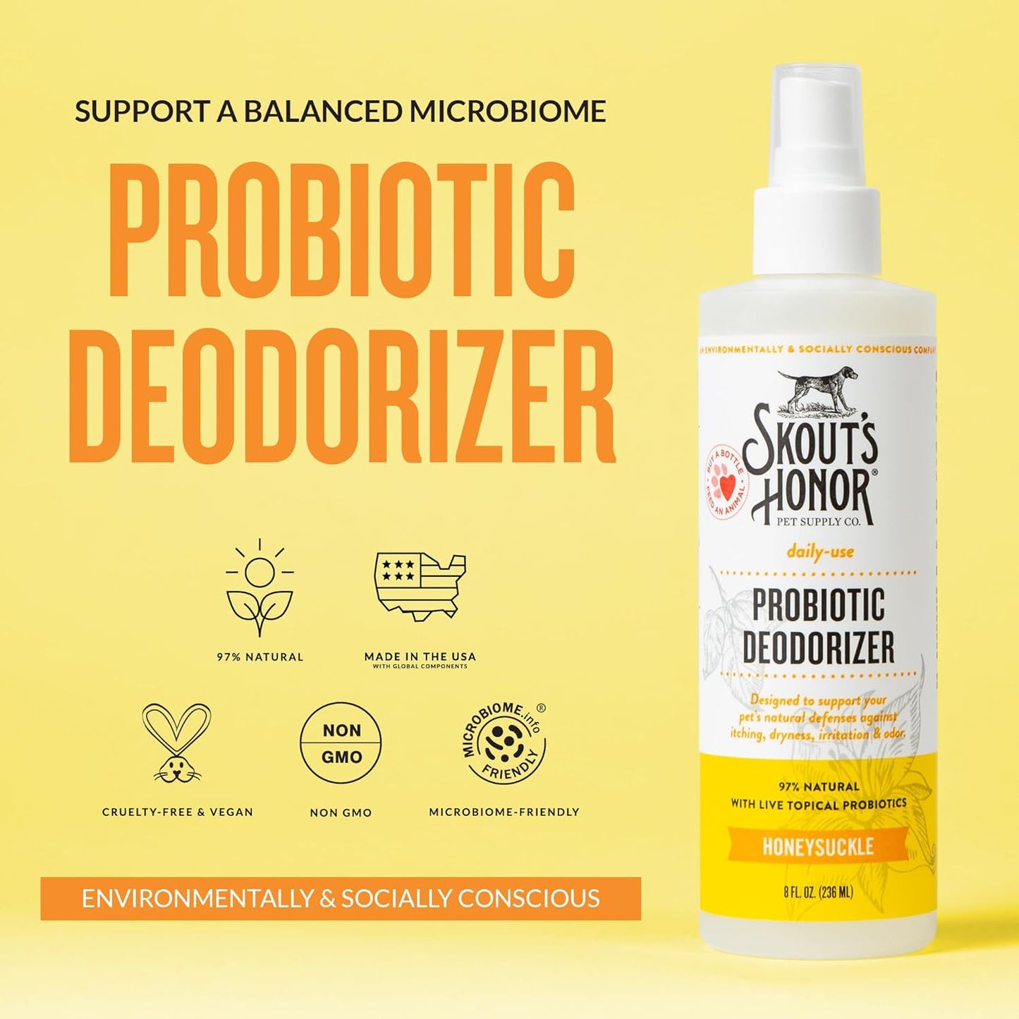 SKOUT'S HONOR Probiotic Pet Deodorizer Spray- Hydrating Daily-Use with Avocado Oil & Omega-3s, Microbiome Friendly Certiified, Paraben & Sulfate-Free, 97% Natural, 8oz, Honeysuckle, 2-Pack