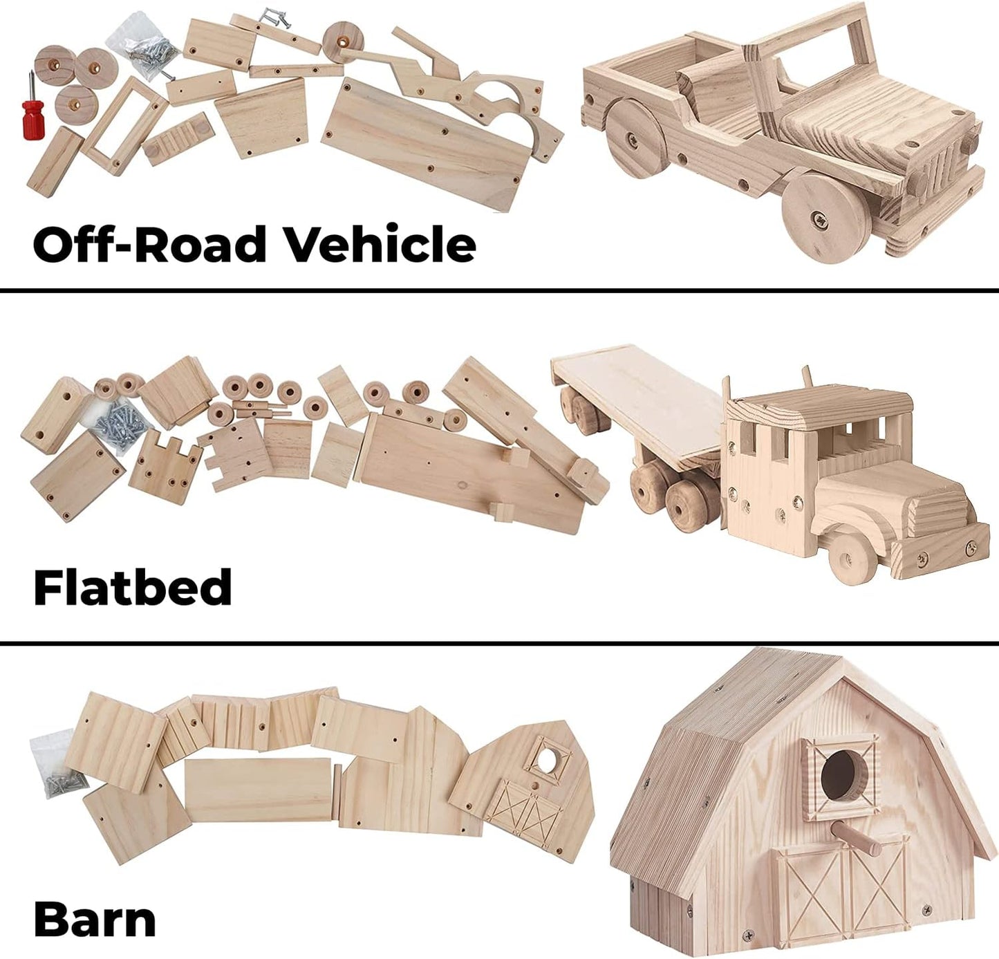 Kraftic Woodworking Building Kit for Kids and Adults, Set of 3 Educational DIY Carpentry Construction Wood Model Kit Toy Projects for Boys and Girls - Off-Road Vehicle, Flatbed Truck, Barn Birdhouse