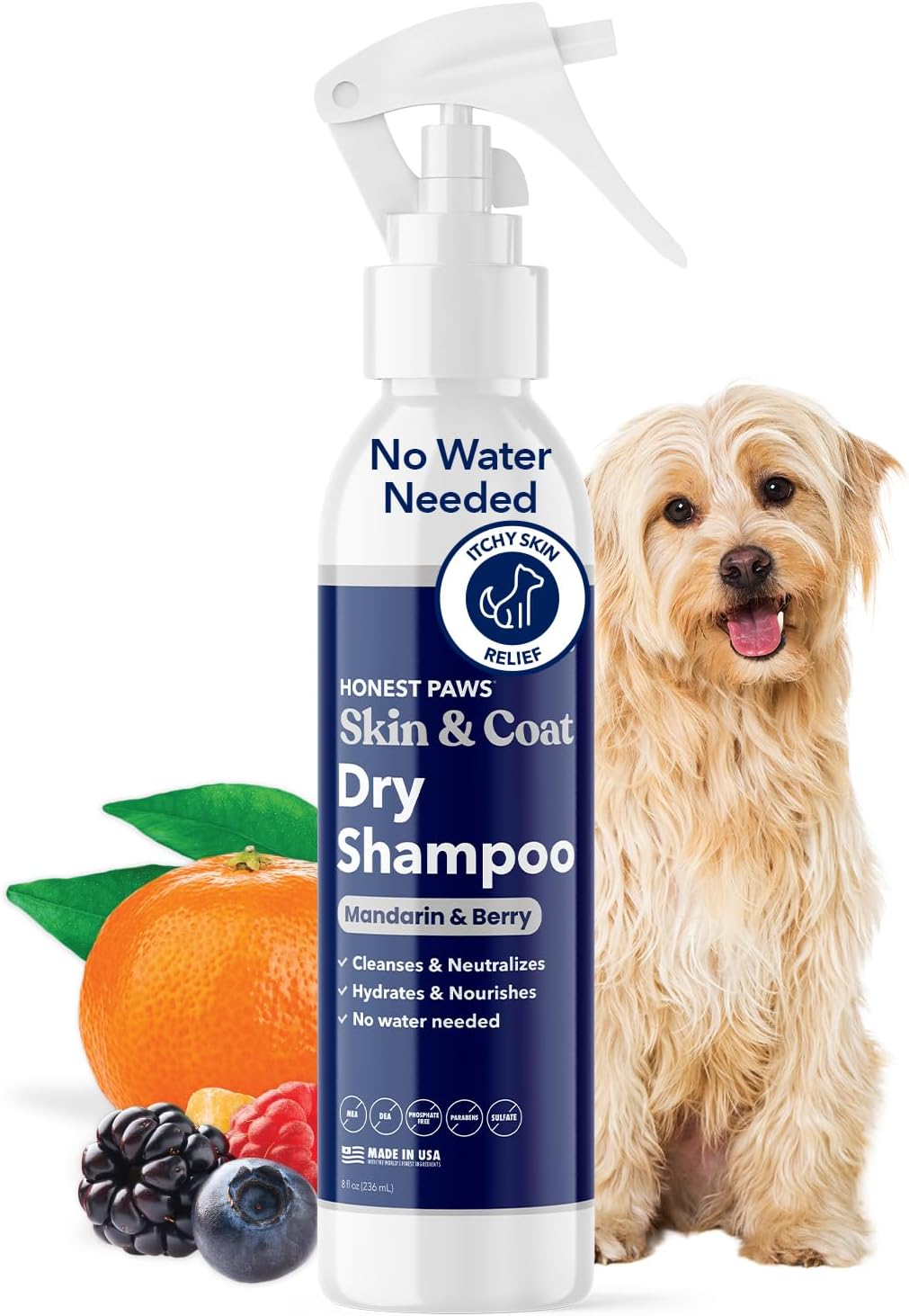 Honest Paws Dog Dry Shampoo - Waterless No Rinse Spray Formula Reducing Itch Cleanse Hydrate Nourish Dry Skin and Smelly Coat Help Decrease Odor Shedding and Allergies - Mandarin & Berry - 8 oz