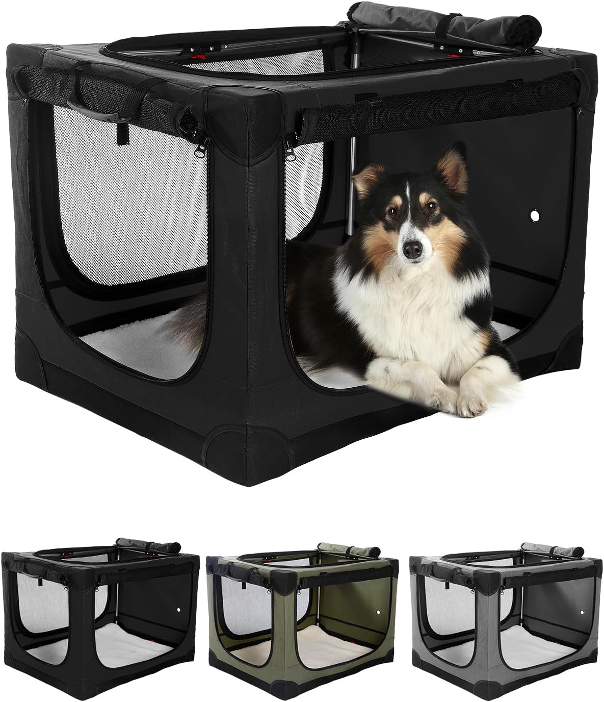 24 Inch Collapsible Travel Dog Crate for Medium Large Dogs, Portable Dog Crate 4-Door Foldable Soft Kennel with Durable Mesh Windows for Indoor & Outdoor Travel, with Storage Bag,Black