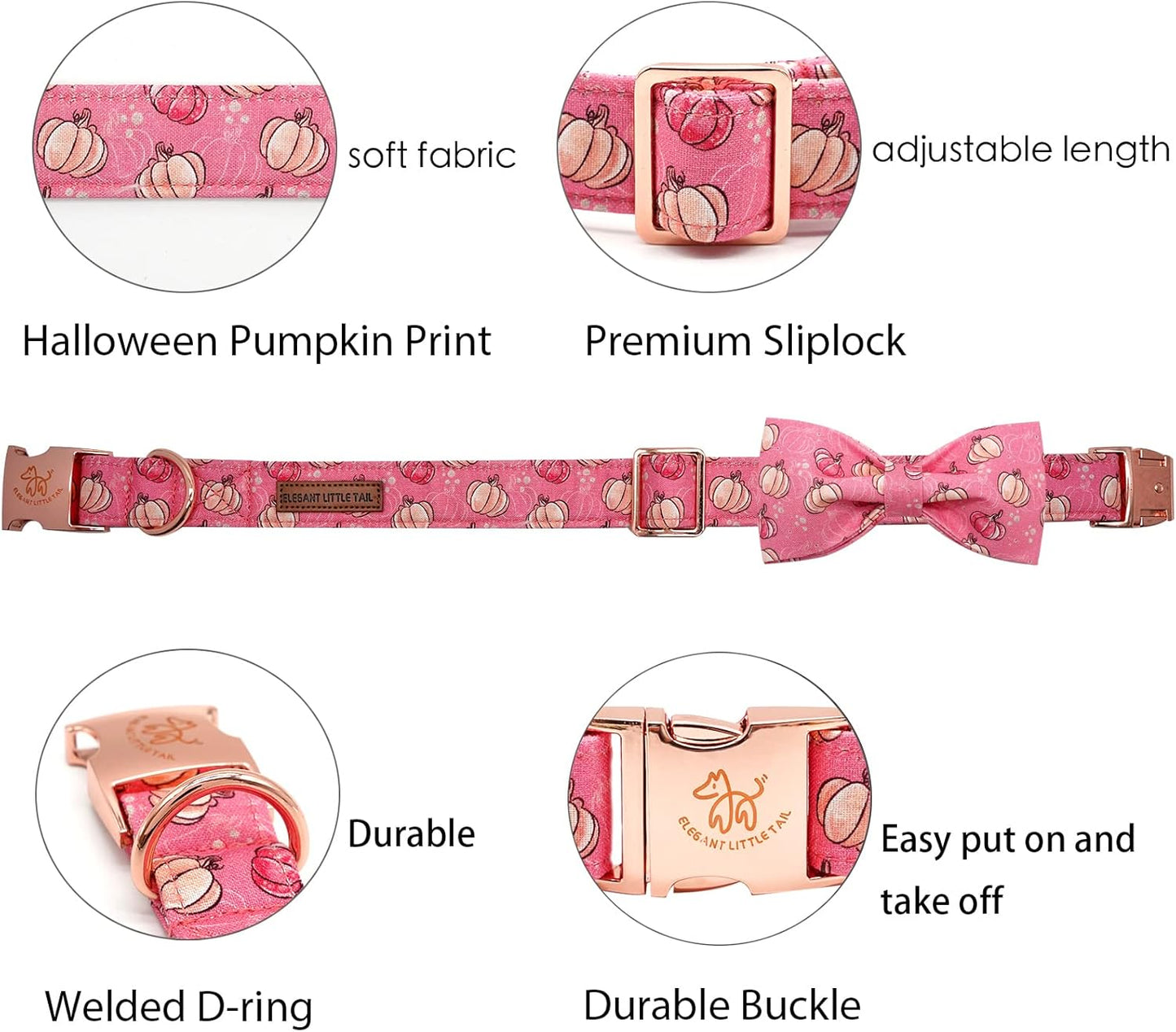 Elegant Little Tail Dog Collar with Bow, Adjustable Halloween Pumpkin Bowtie Collar for Small to Large Dogs