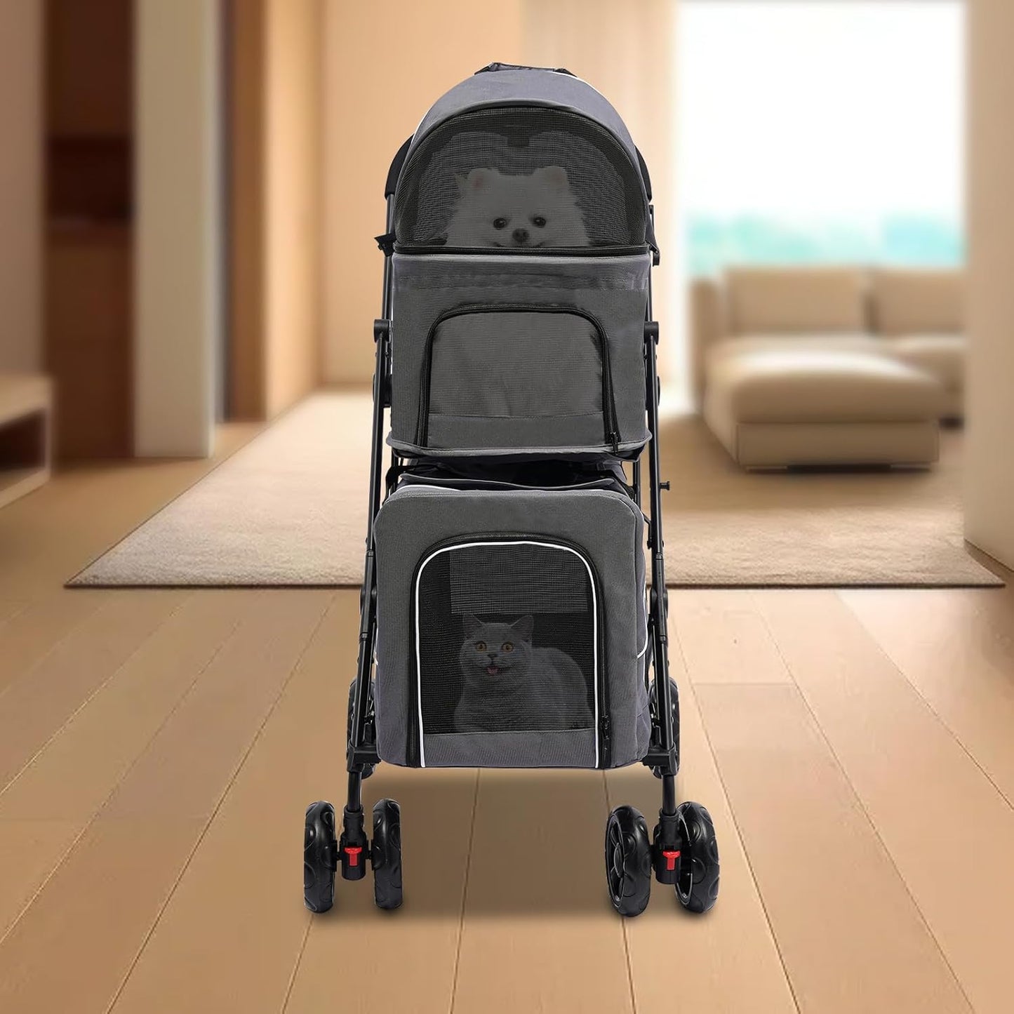 2 Tiers Pet Stroller,4 Wheel Dog Stroller Cat Strollers,3.07lbs Pet Gear Foldable Jogger Travel Cart,Grey Cat Carrying Cart with Storage Basket for Small Medium Pet (Grey)