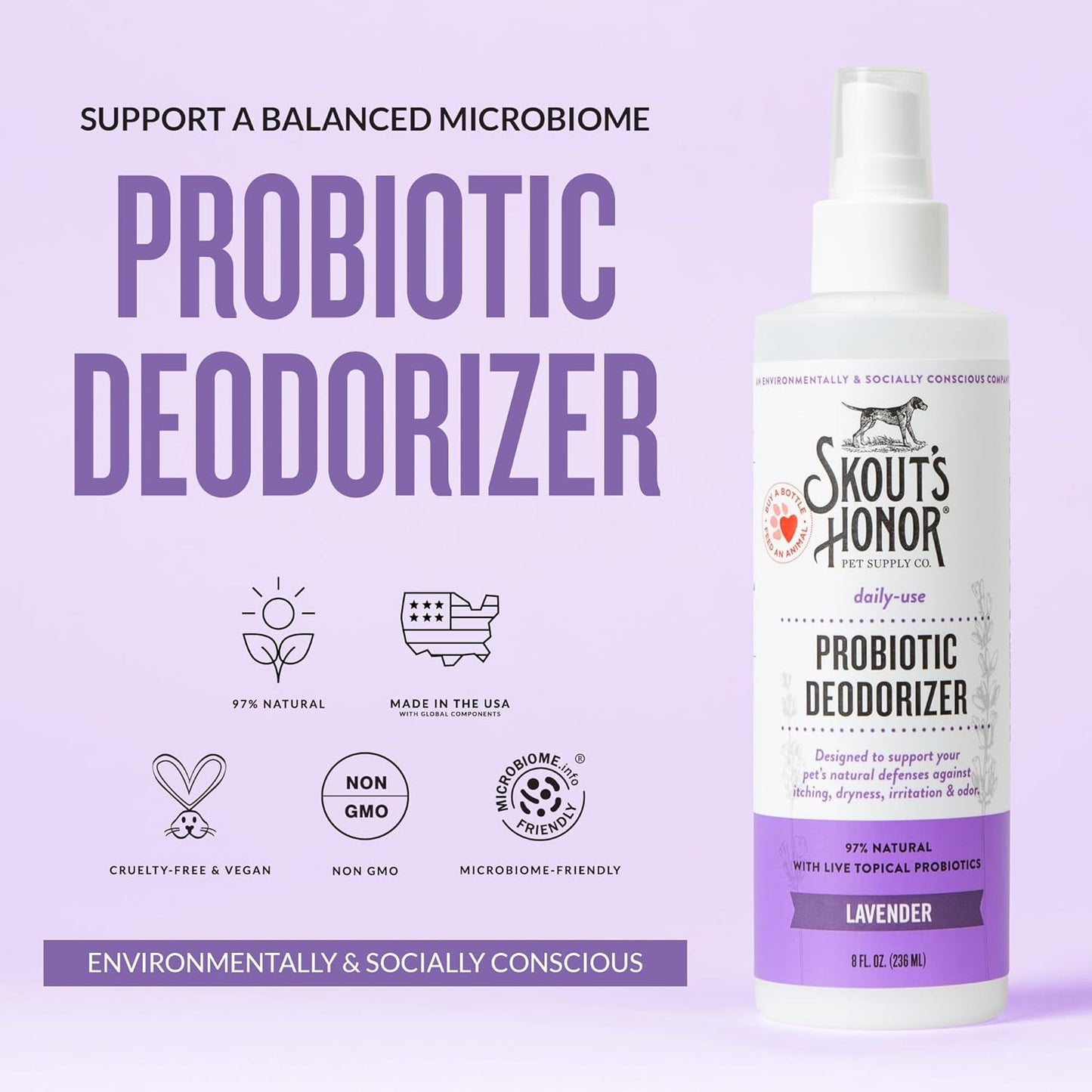 SKOUT'S HONOR Probiotic Pet Deodorizer Spray- Hydrating Daily-Use with Avocado Oil & Omega-3s, Microbiome Friendly Certiified, Paraben & Sulfate-Free, 97% Natural, 8oz, Lavender