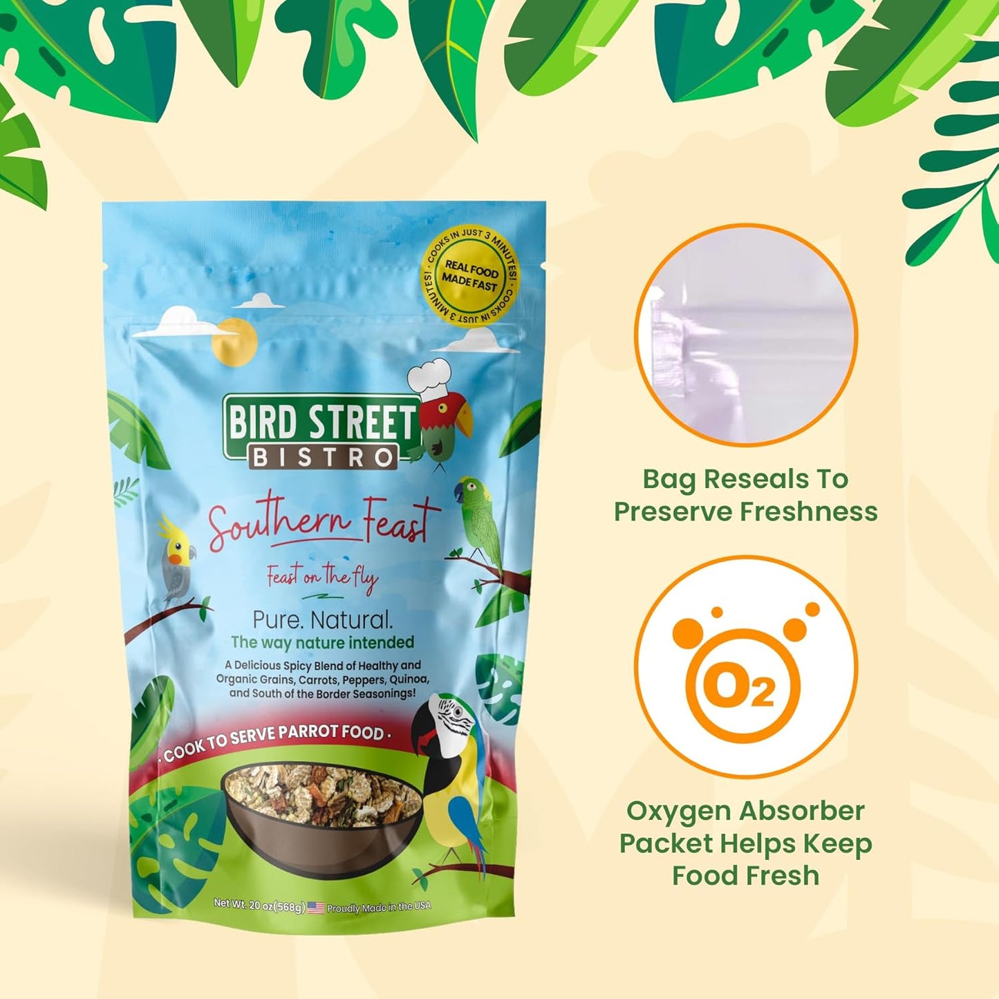 Parrot Food - Parakeet & Cockatiel Food - Cooks in 3-15 min w/Natural & Organic Grains, Legumes, Non-GMO Fruits, Vegetables & Healthy Spices