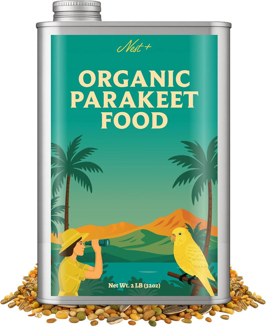 100% Organic Parakeet Food – Premium Bird Seed Mix with Oat Groats, Buckwheat, Amaranth, Super Veggies & Seeds – Reusable Tin + Stainless-Steel Scooper – Made in USA, Human Grade Ingredients (2lb)