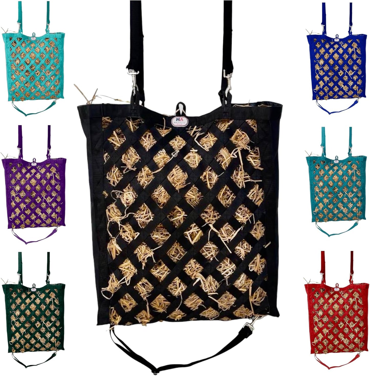 Majestic Ally Premium Nylon Hay Bag for Horses and Livestock, Simulates Grazing, Slow Feeding, Heavy-Duty PP Webbing,Quick-Adjust Straps, Small Hole for Digestion, Multiple Colors (Black)