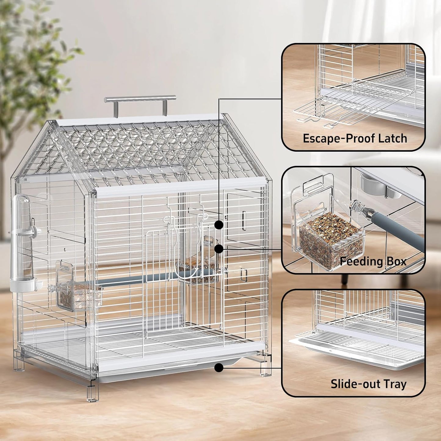 20.5 inch Pet Small Bird Cage, Parrot Cage, Portable Bird Carrier, Temporary Bird Cage in Car, for Home, Outing, Pet Clinic, Temporary Placement, for Small Medium Birds, Clear
