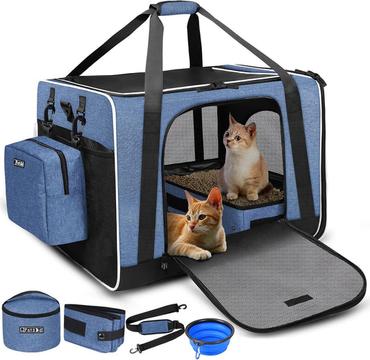 Petskd Extra Large Cat Carrier with Litter Box 24"x17"x17" for Medium Large Cat or 2 Small Cats, Collapsible Soft Sided Pet Carrier for Car Travel with Lockable Safety Zippers(Blue)