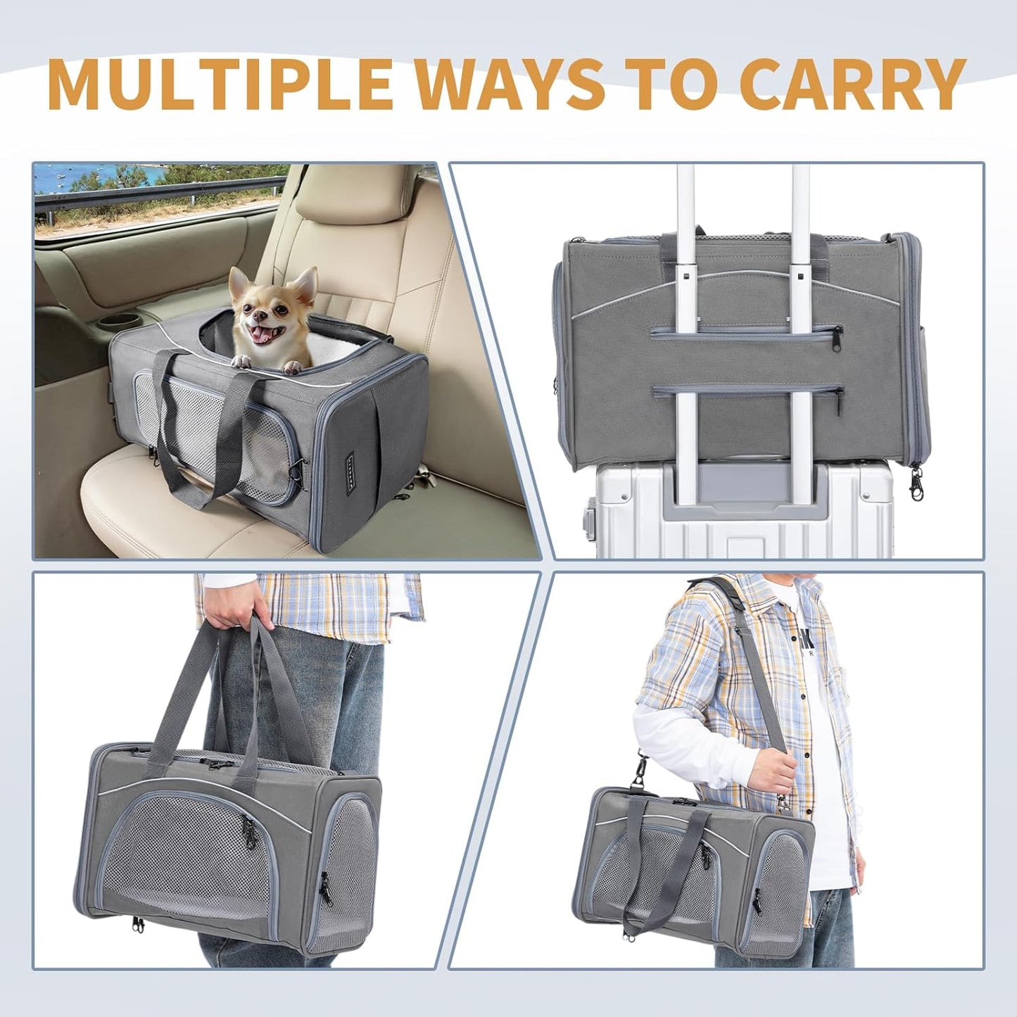 ‌Petsfit Airline Approved Pet Carrier for Small Dogs & Cats, 19x9x12 TSA Approved Carrier, with Removable Dual-Sided Padding (2-Way Placement) - Fits Under Most Airplane Seats, Escape Proof (Gray)