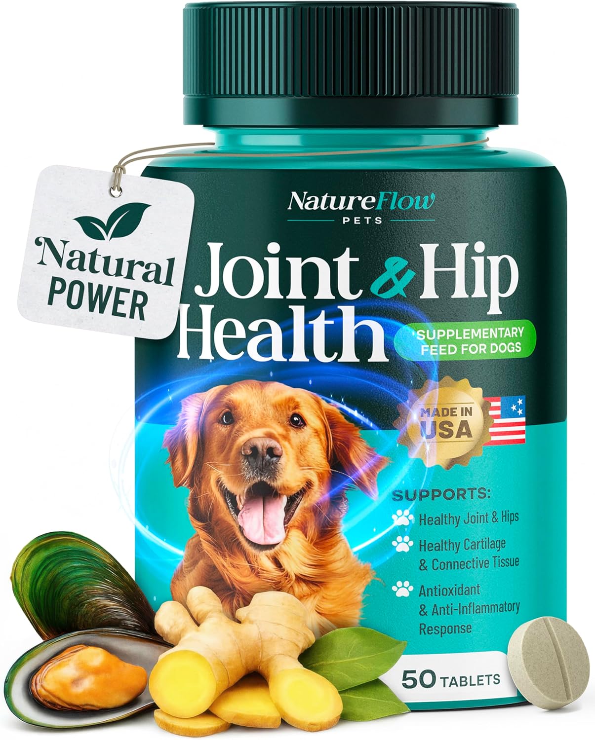 Joint Supplement for Dogs, Power of Nature Made in USA, Up to 100 Days, Unique Formula: Green-Lipped Mussel, Glucosamine, Chrondroitin, MSM, Devils Claw, Hip and Joint Supplement, All Breeds - 50 ct