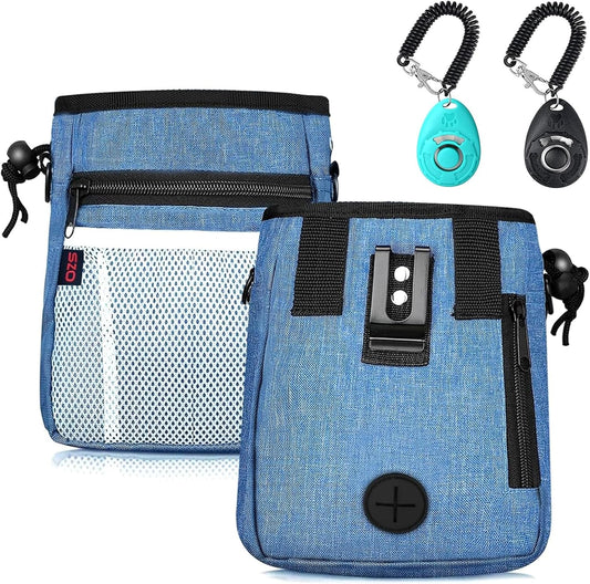 Dog Treat Pouch - 3 Ways to Wear Treat Pouches for Pet Training and 2 Pieces Clicker Taining for Dogs, Dog Training Treat Pouch Bag and Dog Clicker for Training with Waist Belt Shoulder Strap - Blue