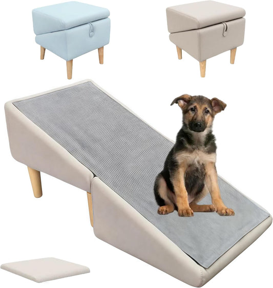 Split Ottoman Dog Ramp, Folding Pet Ramps Stairs for Couch, Pet Ramps Stairs for Small and Large Dogs, Holds up to 220 lbs (Beige, One Size)