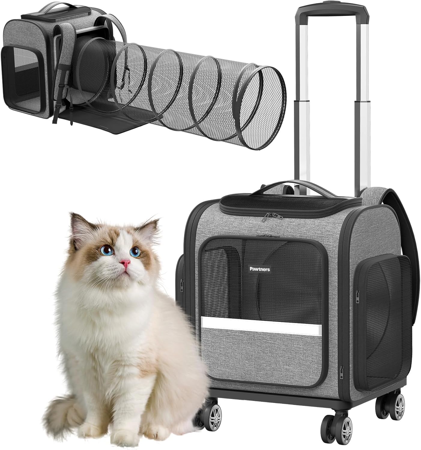 Rolling Cat Carrier with Wheels: Dog Carrier for Small Dogs & Large Cats, Expandable Pet Carrier on Wheels with Cat Play Tunnel, Large Capacity, Breathable Mesh, Side Pocket, Grey