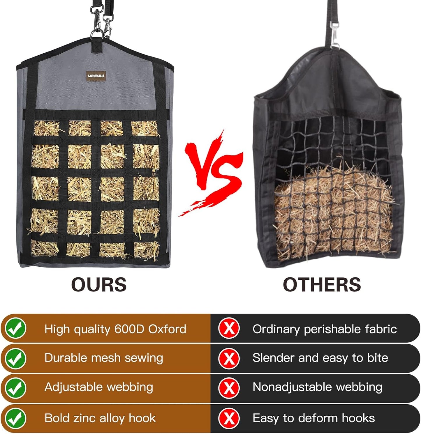 Hay Bags for Horses,3 Packs Slow Feed Hay Bags for Goats,Sheep,Donkey,Premium Oxford Hay Feed Bags with Front Hay Nets Design, Easy to Fill and Hang with Large Opening (1 Black+2Grey)