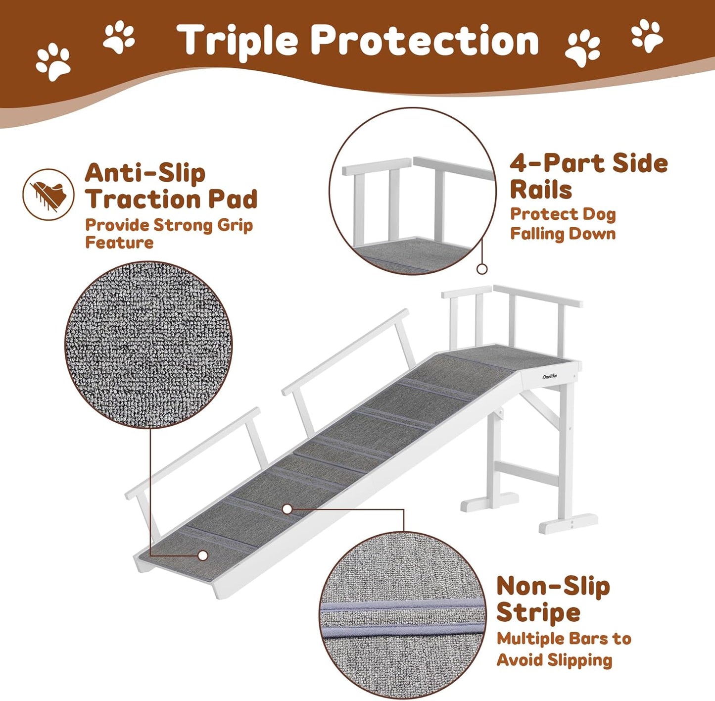 Onelike Wooden Dog Ramp for Bed with Removable Side Rail and Non-Slip Carpet, Stable Pet Ramp Stair for Couch Sofa for Small & Large & Senior Dogs, 60" Long Ramp White