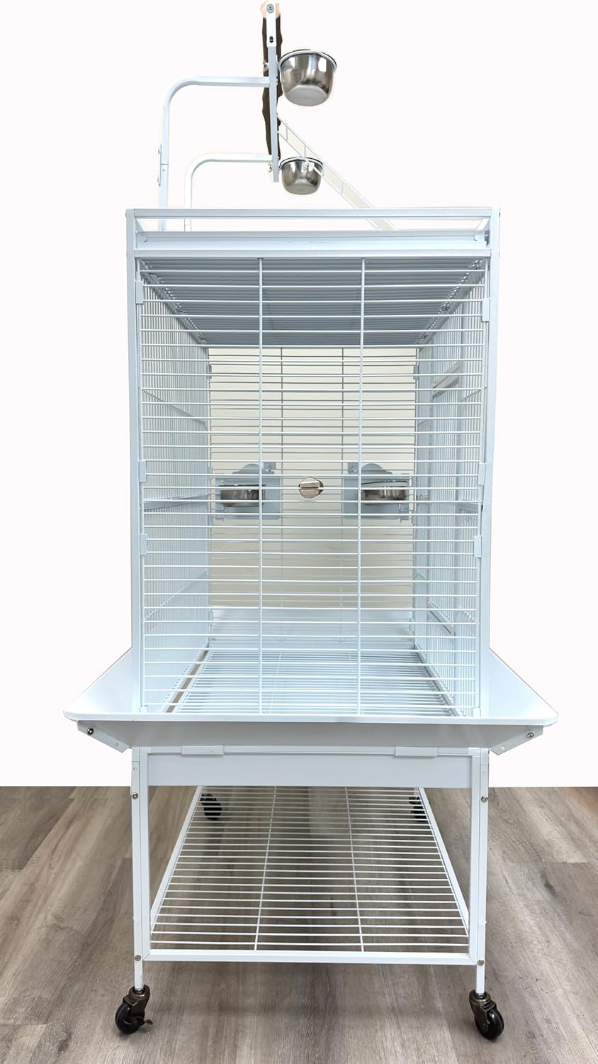 Extra Large Elegant and Durable Wrought Iron Climging Ladders Perch Stand Play Top Ground Bird Parrot Rolling Metal Cage, Include Seed Guard (White Vein, 32" x 23" x 69"H)