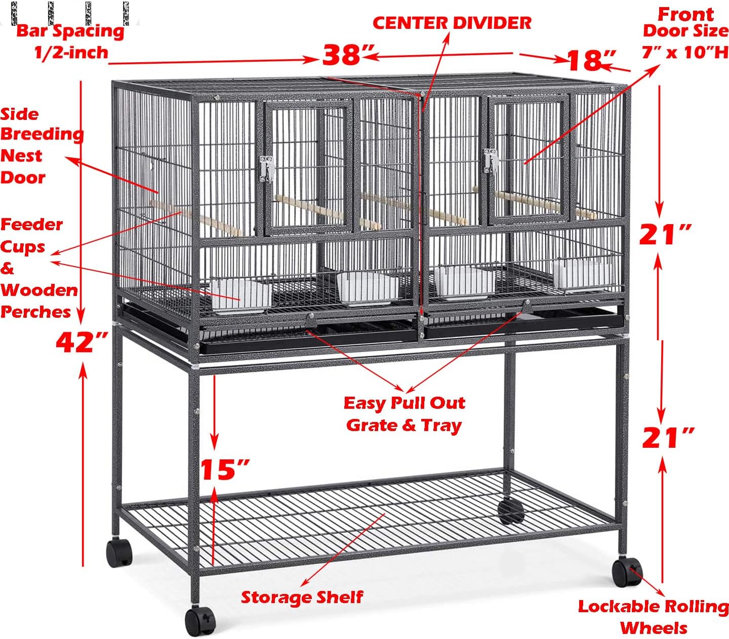 42" Stackable Center Divided Breeder Breeding Bird Flight Double Rolling Cage for Aviaries Canaries Cockatiels Lovebirds Finches Budgies Small Parrots