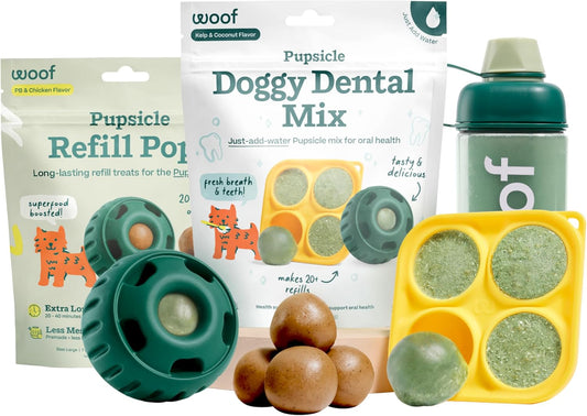 WOOF Dental Kit- Includes Pupsicle Dog Toy, Treat Tray, Shaker Bottle, Chicken Pupsicle Pops, and Dog Teeth Cleaning Powder - Supports Oral Health for Dogs - Small
