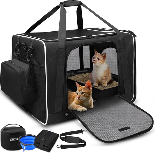 Petskd Extra Large Cat Carrier with Litter Box 24"x17"x17" for Medium Large Cat or 2 Small Cats, Collapsible Soft Sided Pet Carrier for Car Travel with Lockable Safety Zippers(Black)