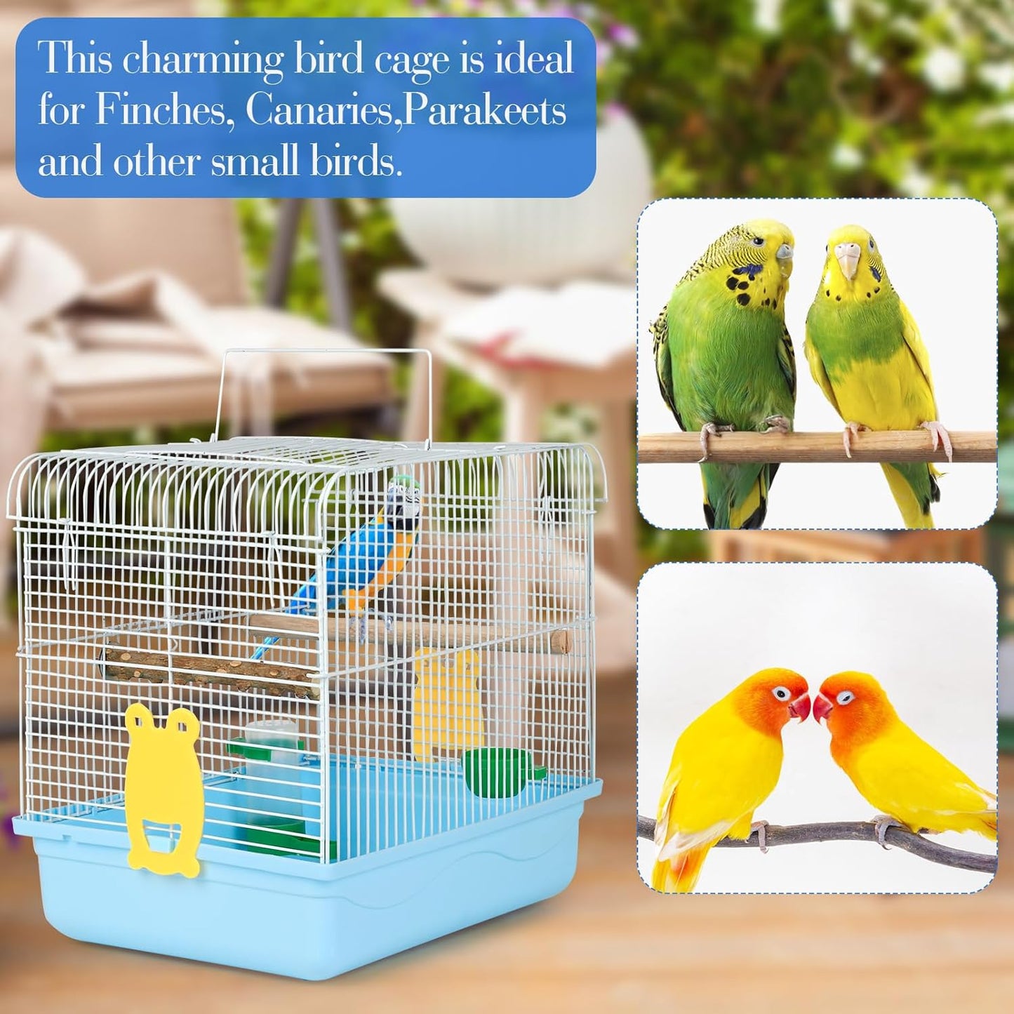 Small Bird Cage, Lightweight for Parakeets, Hanging for Parrot, Travel for Cockatiel, Outdoor Budgie, Pet Products Flat Top Economy Small Animal Cage with Stand Accessories with White Wire, Blue