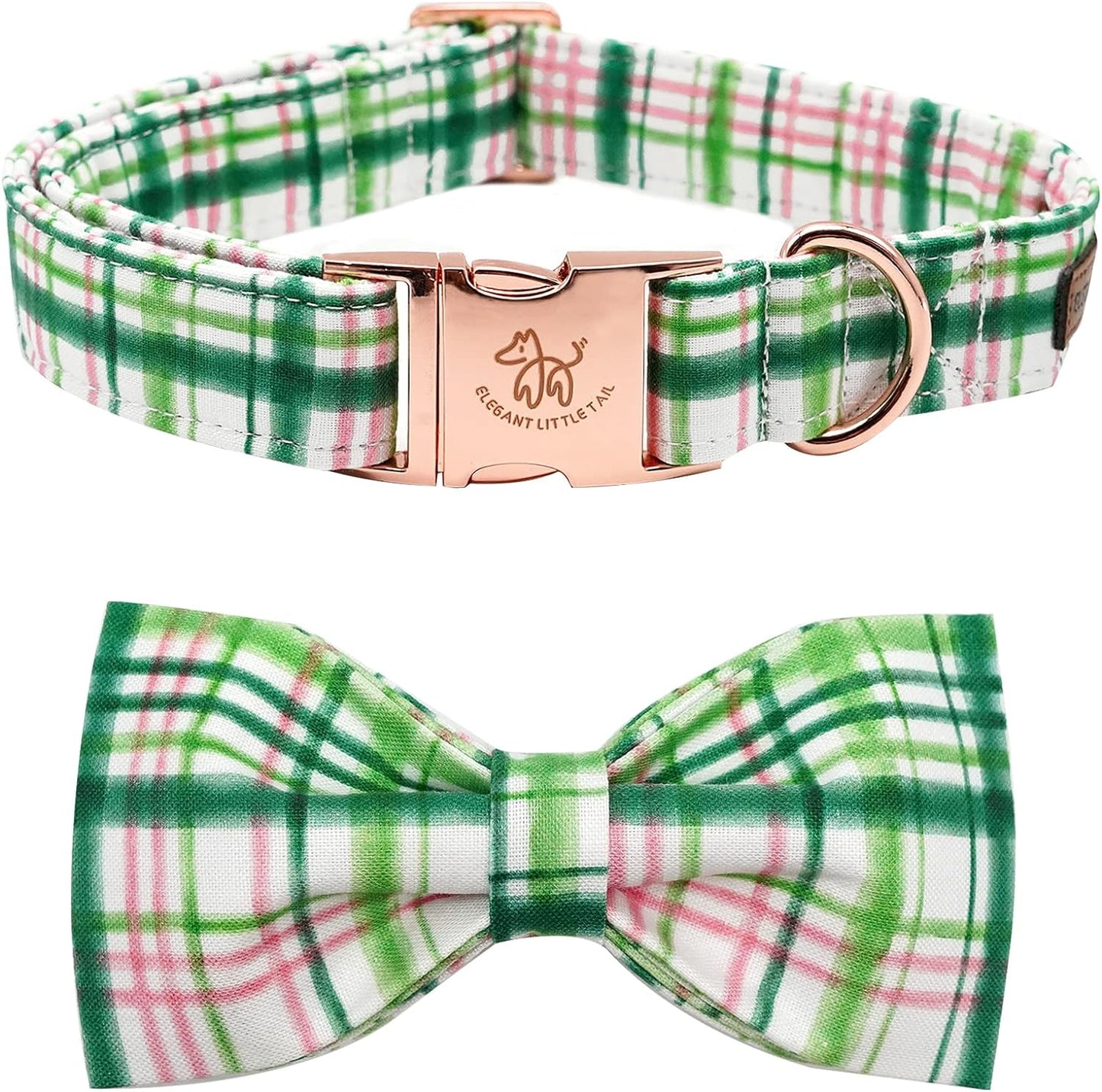 Elegant little tail Dog Collar with Bow - Pink with Green Plaid Boy or Girl Dog Collar Cute Bowtie Pet Collar Adjustable Dog Collar for Small Puppy