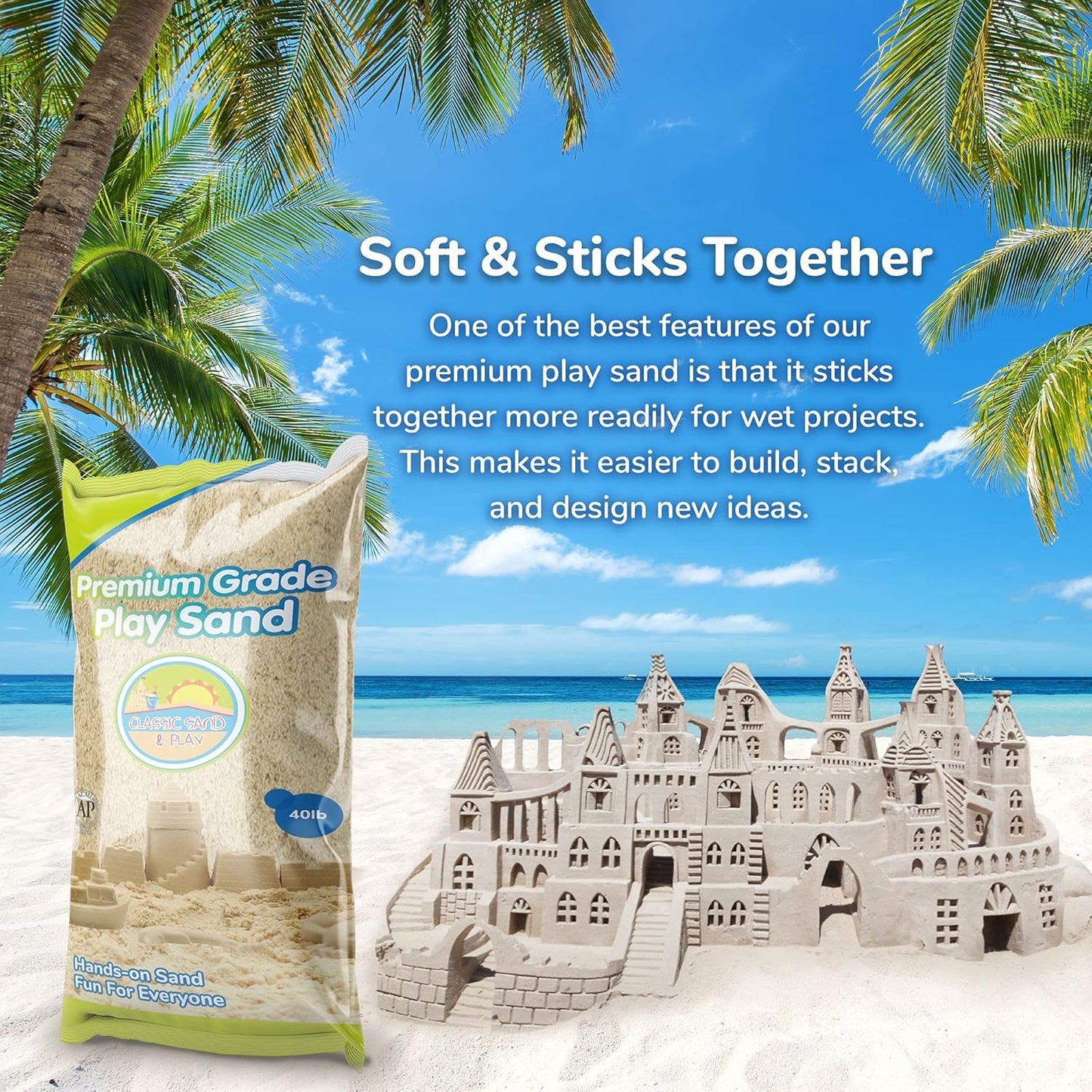 Classic Sand and Play Sand for Sandbox, Table, Therapy, and Outdoor Use, 40 lb. Bag, Natural, Non-Toxic, Wet Castle Building for Creativity and Stimulates Sensory Skills