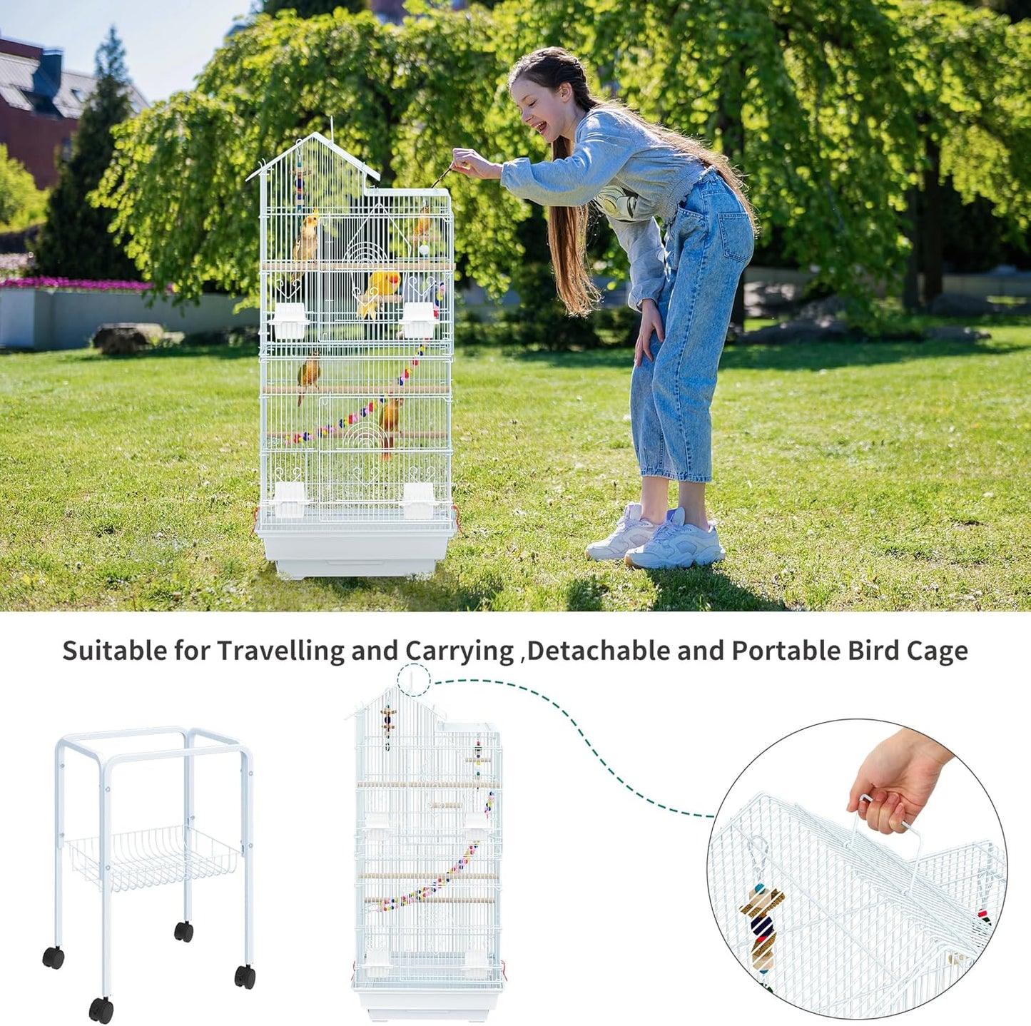 YITAHOME 62 inch Metal Bird Cage, Large Parakeet Cages for Parrot, Cockatiel, Lovebird, Pigeon with Roof Top, Rolling Stand and Hanging Accessories, White
